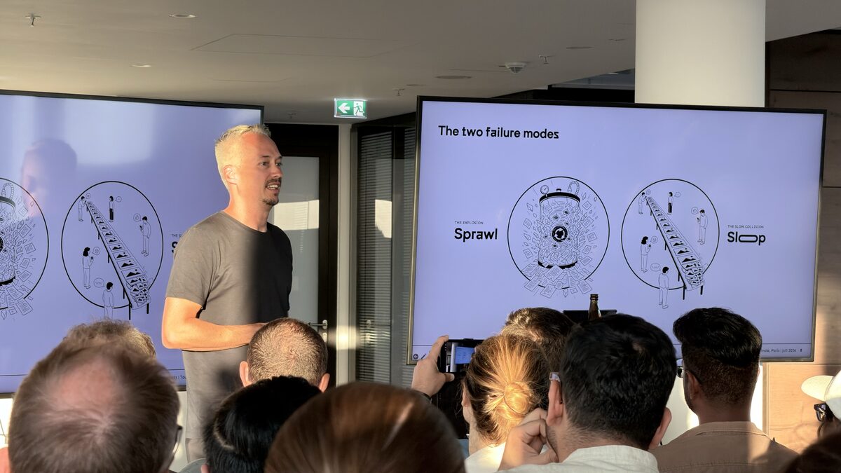 Robert Glaser presenting the two failure modes — sprawl and slop
